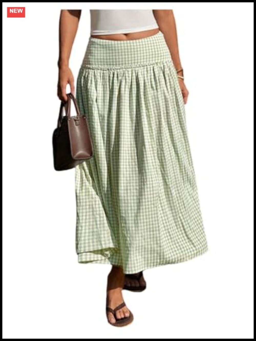 Plaid Gingham Maxi Skirt Low Waist Flowy Long Skirt Polyester Blend